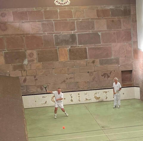 Wayne Spring on RHS playing on the Bidarray court with Robin Hollington